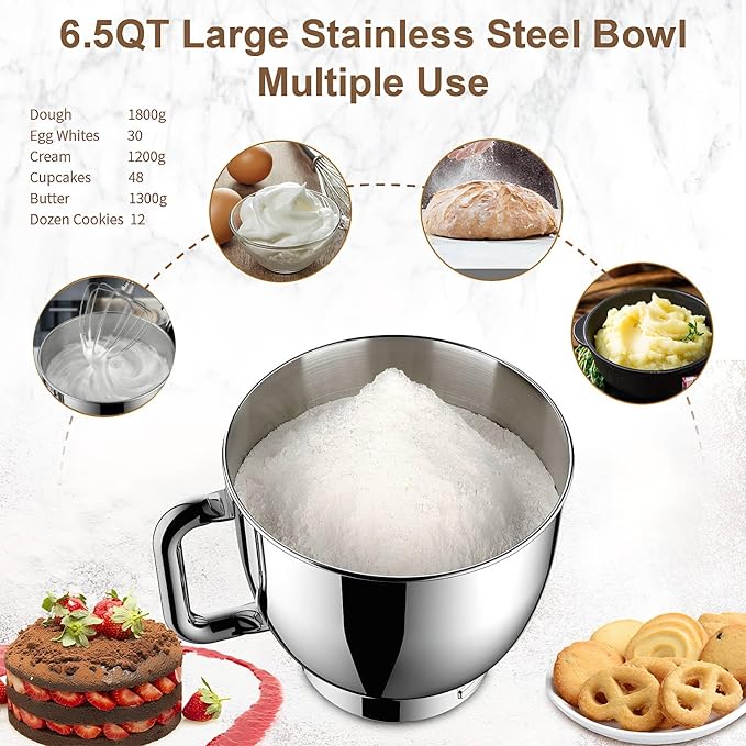 Electric Stand Mixer with LED Display & Timer 6.5QT Bowl Stainless Steel, 1350W 6-Speeds Kitchen Stand Up Mixer for Baking Cakes Cookie Bread Salad Food with Egg Whisk, Dough Hook, Beater