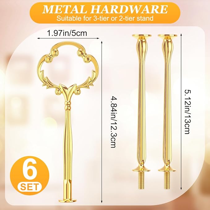 Patelai 6 Sets 3 Tier Cake Stand Hardware Tiered Tray Plate Hardware Kit Heavy Metal Cake Fruit Food Plate Stand Fitting Stacking Kit for Serving Dessert Cupcake Dish (Sun Flower,Gold)