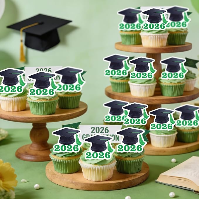 42pcs Edible Graduation Cap Cupcake Toppers Wafer Paper Green Class of 2026 Cake Decorations Edible Grad Cap Cupcake Picks for 2026 Graduation Theme Party Cake Decor Supplies