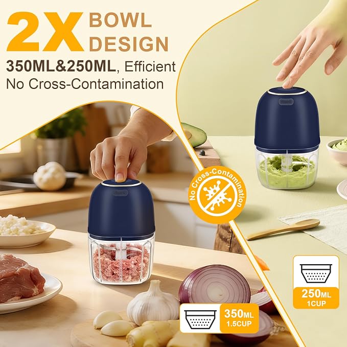 Portable Electric Garlic Chopper, 2 Bowls(1 Cup&1.5 Cup) Cordless Mini Food Processor【Up-Durable Motor】【2 Sets 304 Stainless Steel Blade】Grind for Garlic,Onion,Meat,Baby Food,BPA FREE(BLUE)