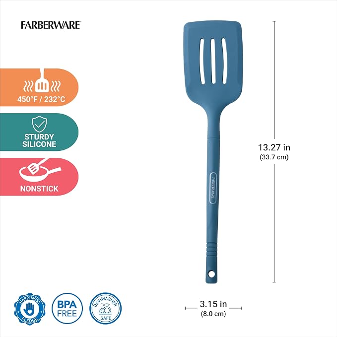 Farberware Pro Silicone Slotted Turner, Blue - Heat Resistant Spatula for Nonstick Cookware, 13 Inch Flipping Tool, Dishwasher Safe Kitchen Utensil