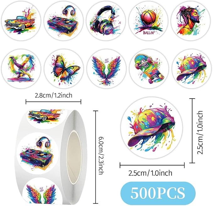 Graffiti Art Stickers Roll,500PCS Hip-hop Round Stickers with Colorful Basketball Music Skateboard Butterfly Designs for Water Bottle Laptop Party Decor