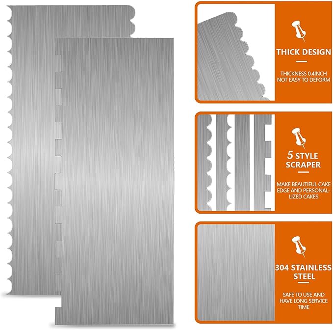 6 Pieces Stainless-Steel Cake Scraper Set, Double Sided Patterned Comb Metal Scraper 9 Inch, Edge Stripe Edge Baking Tools Smoother Scraper for Mousse Butter Cream Cake Decoration