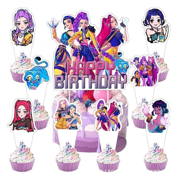 25 Pcs Demon Movie Hunters Cake Decorations, Include 1 Happy Birthday Cake Toppers, 24 cupcake Topper for Demon Movie Hunters Birthday Decorations