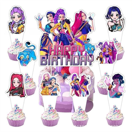 25 Pcs Demon Movie Hunters Cake Decorations, Include 1 Happy Birthday Cake Toppers, 24 cupcake Topper for Demon Movie Hunters Birthday Decorations