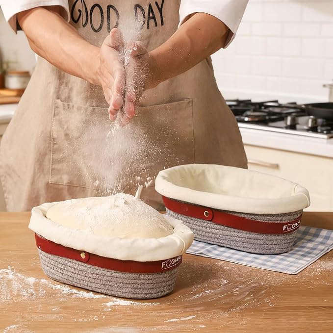 2-Pack Banneton Bread Proofing Baskets – Sourdough Starter Kit for Home Bakers, Cotton Rope Bannetons with Liners, Hanging Hooks, Dough Guide (10" Oval)