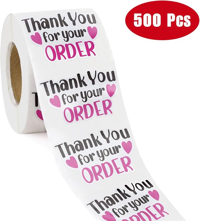 WRAPAHOLIC 1.8 x 1.1 Inch, 500 Total Business Stickers Roll - Black Rose Pink Thank You for Your Order Text Design, Thank You Lables, Shipping Stickers for Party Decorations