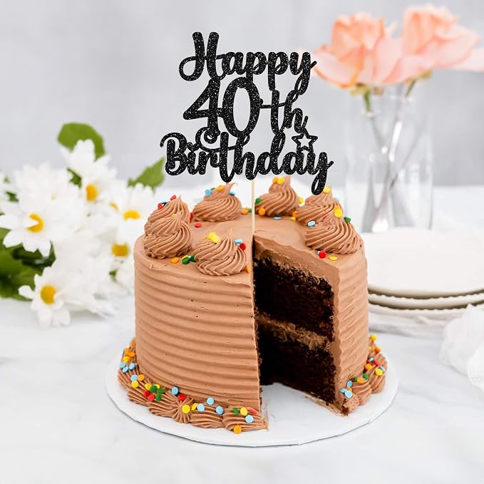 Gyufise 1Pc Happy 40th Birthday Cake Topper Glitter Cheers to 40 Years Old 40th Birthday Cake Pick for Celebrating 40th Birthday Anniversary Party Cake Decorations Supplies Black
