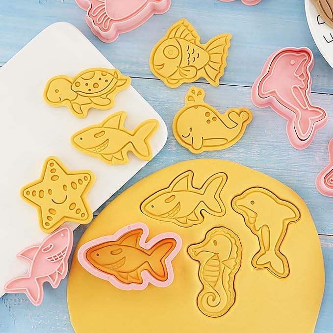 Ocean Creature Cookie Cutters with Cookie Stamps 8 Pcs Sea Animals Cutter for Fondant and Cookies (Ocean Creature)