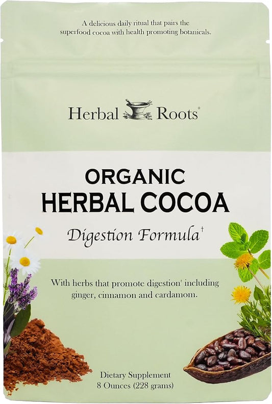 Herbal Roots Organic Digestive Functional Cocoa Beverage Powder - Ginger, Ceylon Cinnamon, Cardamom - Sweetened with Dates and Coconut - 28 Servings
