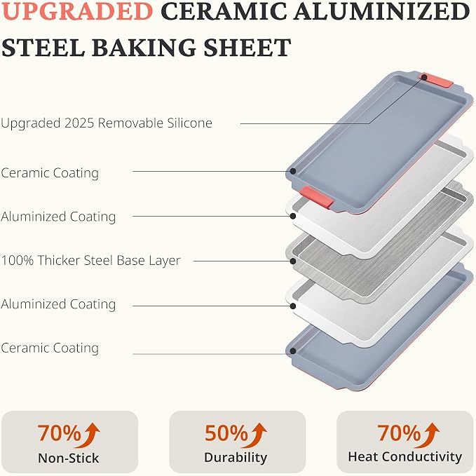 BRONYPRO Non Stick Ceramic Baking Sheet Pan Set of 3, Natural Non Toxic Cookie Sheets for Baking - PFOA, PTFE Free, Heavy Duty Aluminized Steel Oven Trays for Cooking with Silicone Handles, Coral