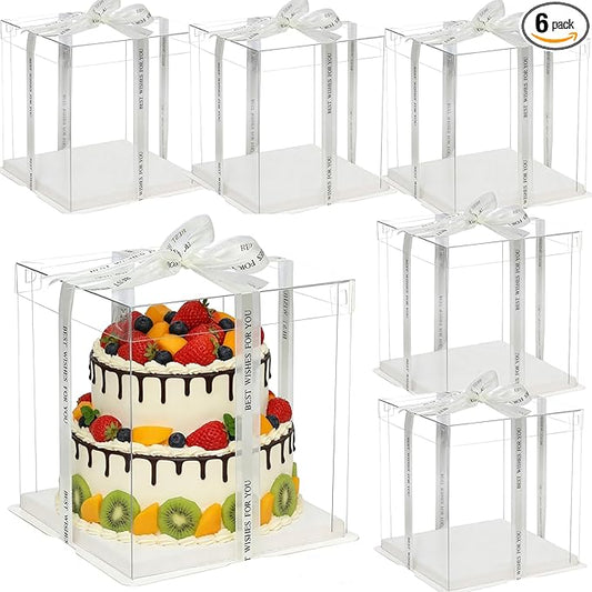 6 Pack Clear Cake Box, 2-Layer Transparent Cakes Box with Ribbon, 10" X 10" X 9" Tall Cake Carrier Boxes with Sturdy Board for Bakery Dessert Bread Pastry Birthday Parties, Wedding Graduation