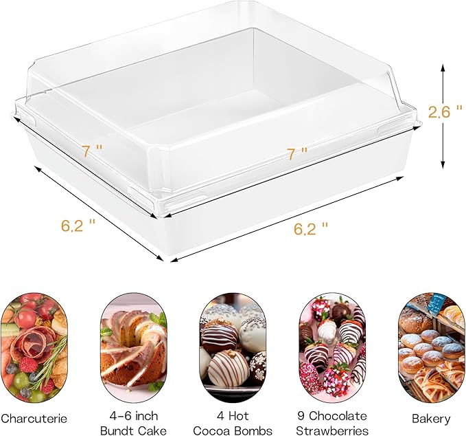 ZORRITA Large Charcuterie Boxes with Clear Lids, 7x7 Inch, 20 Pack, White | Disposable, Square, Kraft Paper, To Go Food Containers, Bakery Boxes, For Charcuterie Desserts Strawberries Cookies