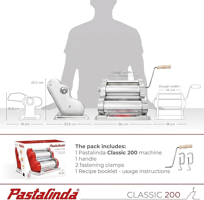 PASTALINDAClassic 200 Pasta Maker Machine, 20 cm Wide Rollers, 9 Thickness Positions, 2 Cutting Positions, Stainless Steel. Includes Reinforced Hand Crank And Two Clamps (Crome)
