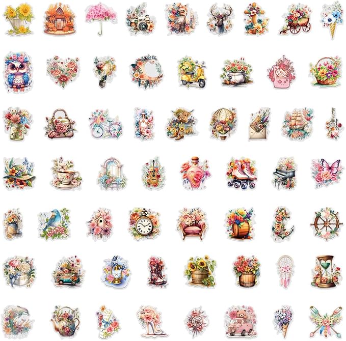 57PCS Transparent Artwork Scrapbook Stickers Pack, Vintage Aesthetic Flowers Stickers for Scrapbook Journal, Waterproof for Water Bottles Laptop Phone Scrapbook Supplies DIY Crafts