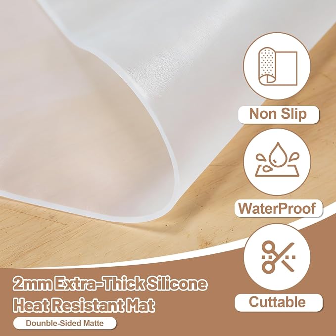 Silicone Heat Resistant Mats for Countertop, 2MM Extra Thick Mat for Kitchen Counter, Suitable for Airfryer, Microwave, Coffee Maker, Non Slip Hot Pad, Waterproof (White Translucent, 18.9 * 14.57)