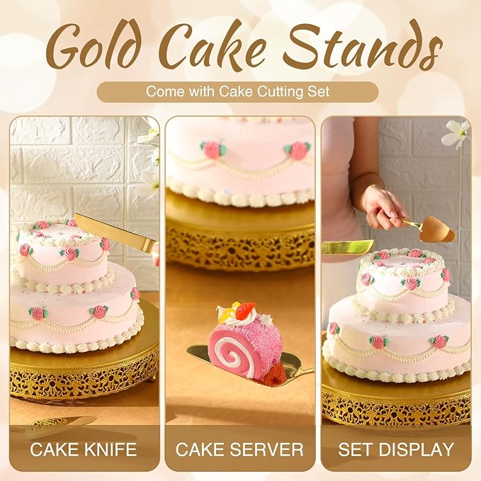 Wenqik 14 Inch Gold Cake Stand Set Metal Round Cupcake Dessert Stand with Cake Cutting, Spatula Wedding Cupcake Pastry Display Candy Holder Display for Wedding Party Birthday Baby Shower(Classic)