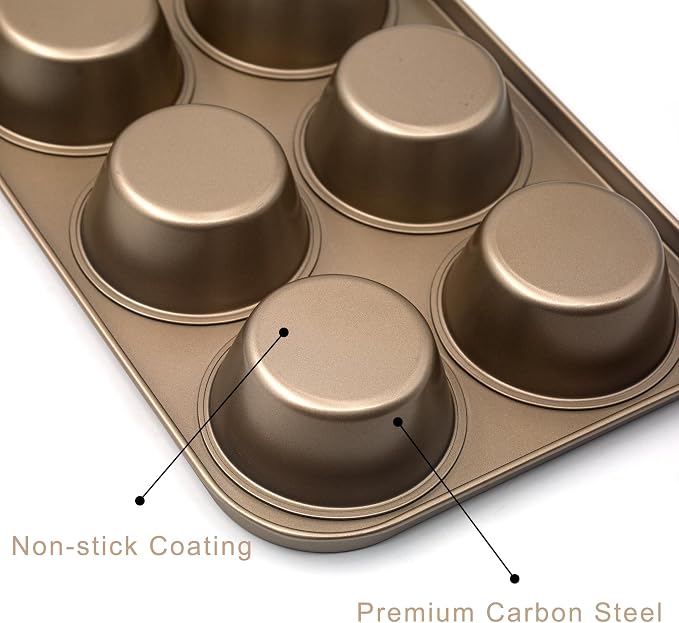 Non-Stick Gold Jumbo Muffin Pans, 6-Cup Set of 2 | Carbon Steel, Spatula Included for Extra-Large Muffins & Cupcakes