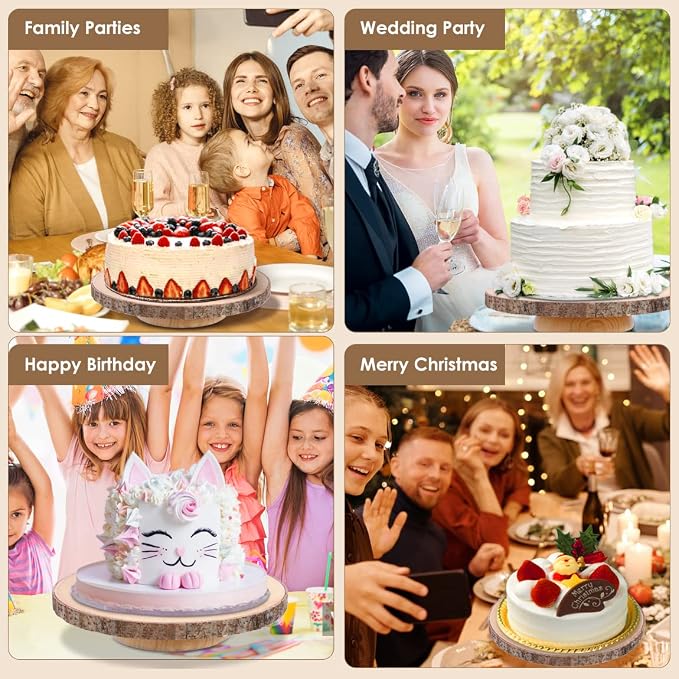 ShineZoom Wood Cake Stand Rustic Rotating Cake Stand 12 Inch Cake Turntable/ Dessert Display Stand Wooden Cake Stands for Wedding/ Party/Baby Showers/ Reception/Decor