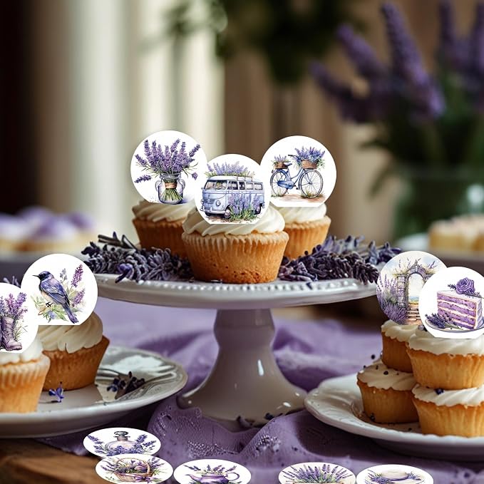 36PCS Edible Lavender Floral Cupcake Toppers Wafer Paper Purple Flowers Cake Picks Edible Lavender Bouquet Cupcake Toppers for Wedding Birthday Theme Floral Cake Decor Supplies