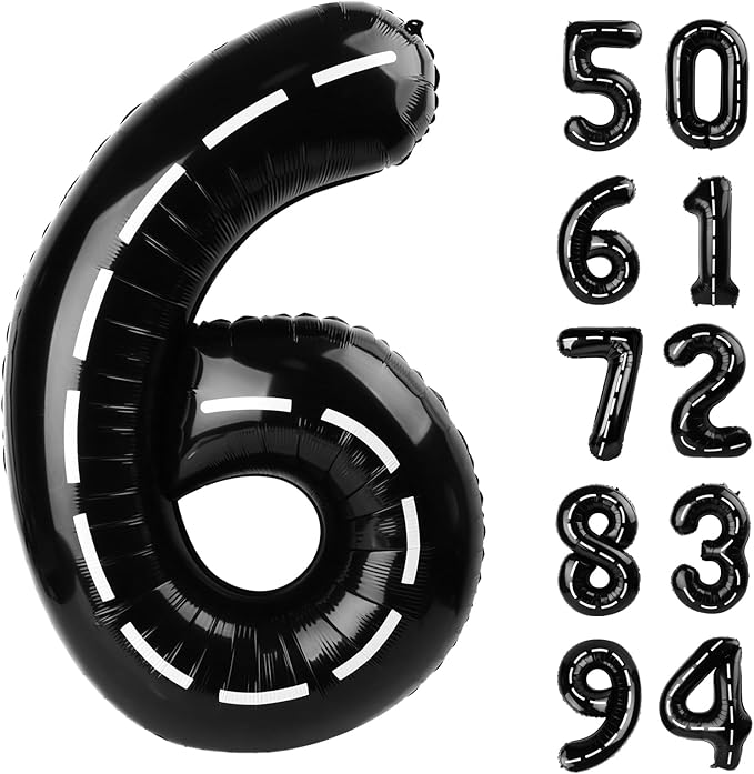 Race Car 6 Balloon, Number Balloons 40 Inch, 6th Black Balloons for Birthday Decorations, Black Race Party Decorations 6 Birthday Balloon, Number 6 Balloon