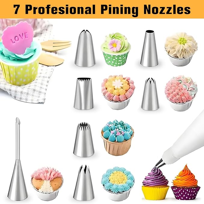 14PCS Reusable Piping Bags and Tips Set – 2PCS 16-Inch Pastry Bags, 7 Piping Tips, 2 Couplers, 2 Silicone Rings & Cleaning Brush,for Cake Decorating, Cupcakes, Cookies, Home Bakers, Chefs