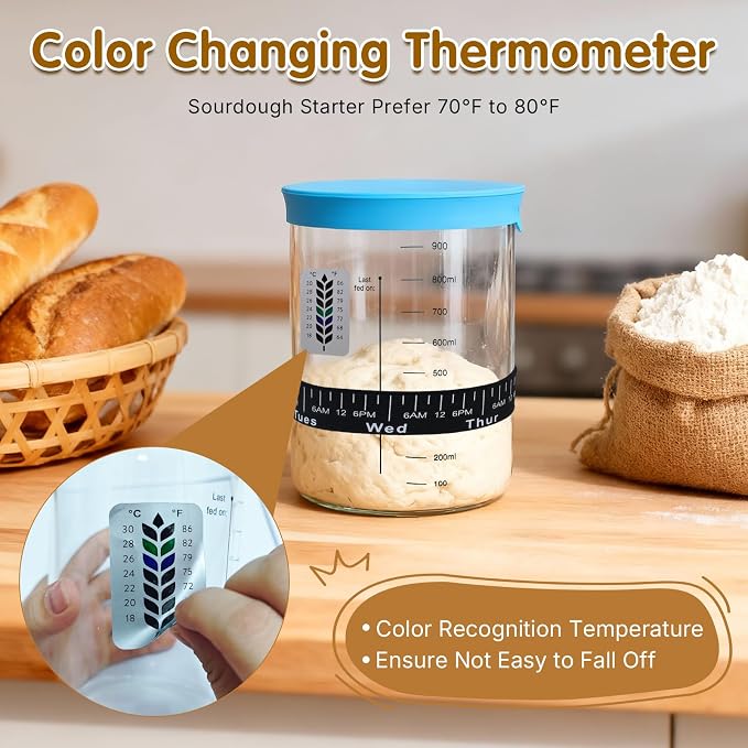 34oz Sourdough Starter Jar Kit,Wide Mouth Sourdough Starter Container with Feeding Tracking Band, Silicone Spatula&Sourdough Starter Kit-Baking Supplies(2 pack). (Blue)