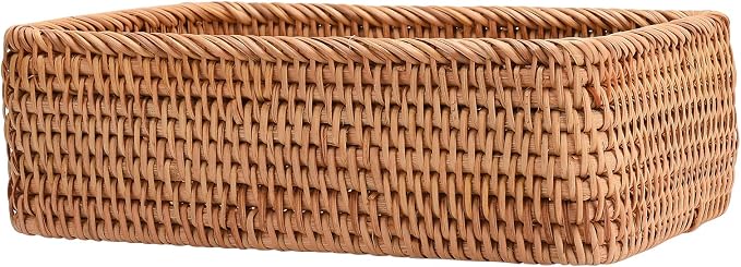 TITA-DONG Rattan Storage Baskets Rectangle Woven Bread Basket Rectangular Wicker Serving Organizer Tray Rattan Fruit Basket, Stackable Wicker Organizer for Kitchen Countertop Bathroom Living Room(S)