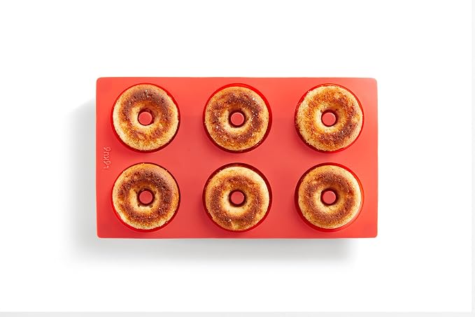 Lékué Platinum Silicone Donut Mold | 6 Non-Stick Holes For Baking - No Grease Needed | Pop-Out Oven Cake Molds | Heat-Resistant, Freezer Safe, Microwave Safe, Dishwasher Safe | Red