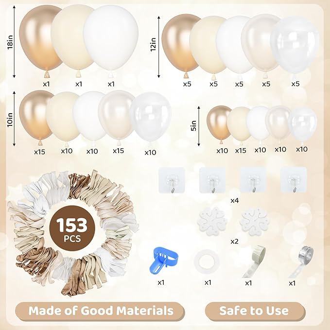 Amandir 153 Pcs White Sand Metallic Champagne Gold Balloons Arch Garland Kit, Different Sizes 18 12 10 5 Inch Pearl White Sand Clear Beige Neutral Balloons Birthday Bridal Shower Wedding Decorations