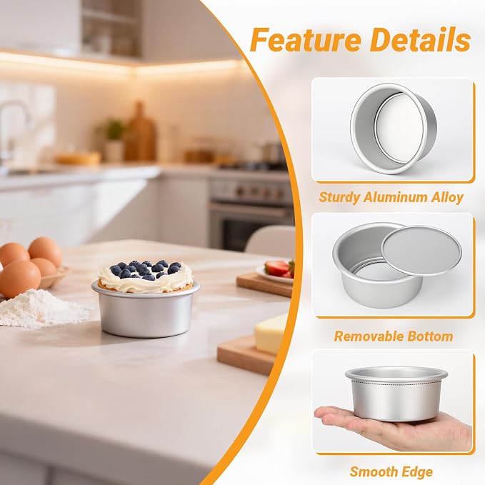 Beasea 4 Inch Cake Pans Set, 3 Pack Aluminum Alloy Mini Round Cake Pans with Removable Bottom, Individual Cheesecake Mold Tin for Baking