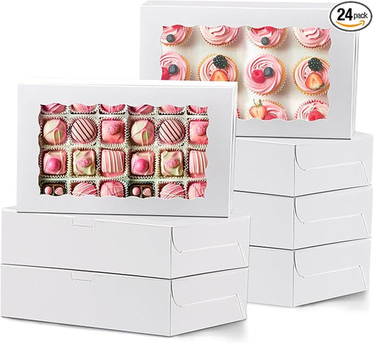 MUMULULU White Bakery Boxes with Window Cookie Boxes Treat Boxes for Desserts Cupcakes Muffins Donut Chocolate Strawberry (7PCS 12×8×2.5)