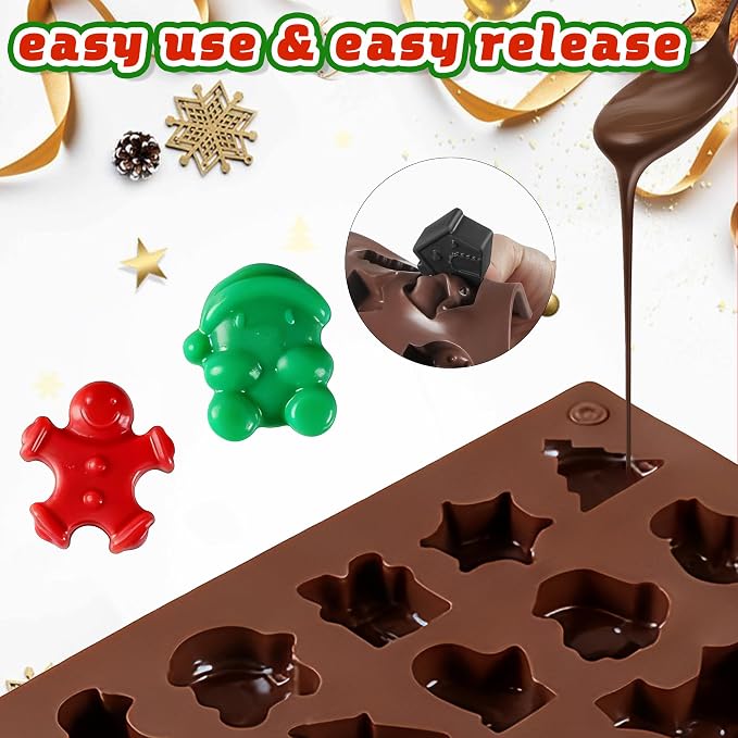 Christmas Chocolate Silicone Molds，2pcs Christmas Candy Molds 25-Design Ornament for Christmas Tree Gingerbread Man Santa Claus Gummy Cake Topper