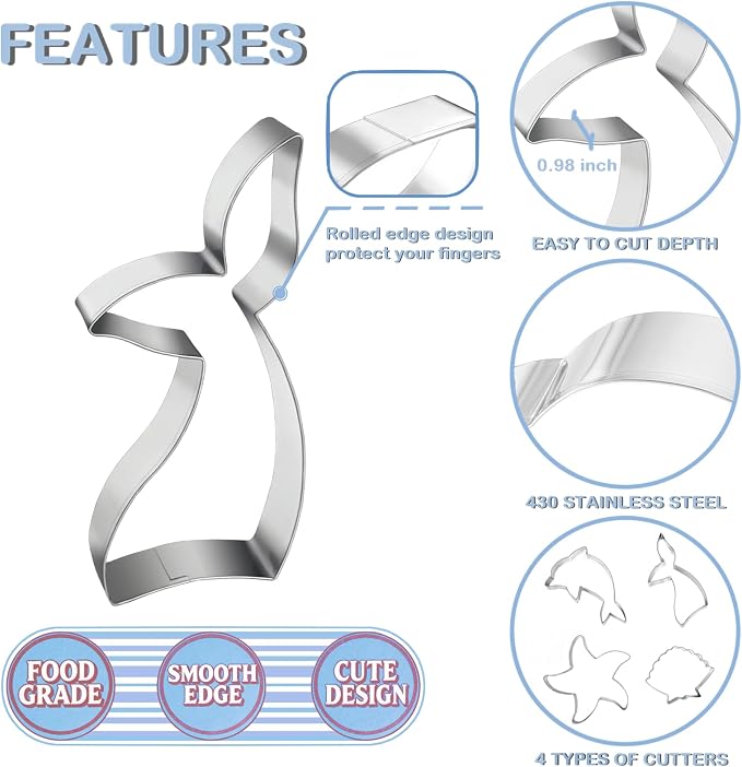 Mermaid Ocean Cookie Cutters- 4" Large Under The Sea Creatures Cute Cookie Cuttesr For Holiday Themed Parties, Mermaid Tail, Starfish, Seashell,Dolphin (4Pcs)
