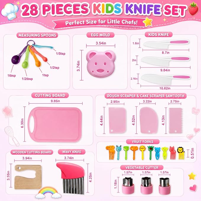 Carolart Kids Cooking Sets Real with Knife, Kids Baking Set for Girls | Montessori kitchen tools with safe knives, hat and apron,chef set gift for girls