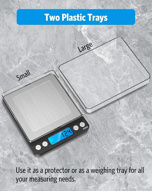 AMIR Digital Kitchen Scale, 500g/0.01g Mini Pocket Jewelry Scale, Cooking Food Scale with Backlit LCD Display, 2 Trays, 6 Units, Auto Off, Tare, PCS Function, Stainless Steel, Battery Included, Black