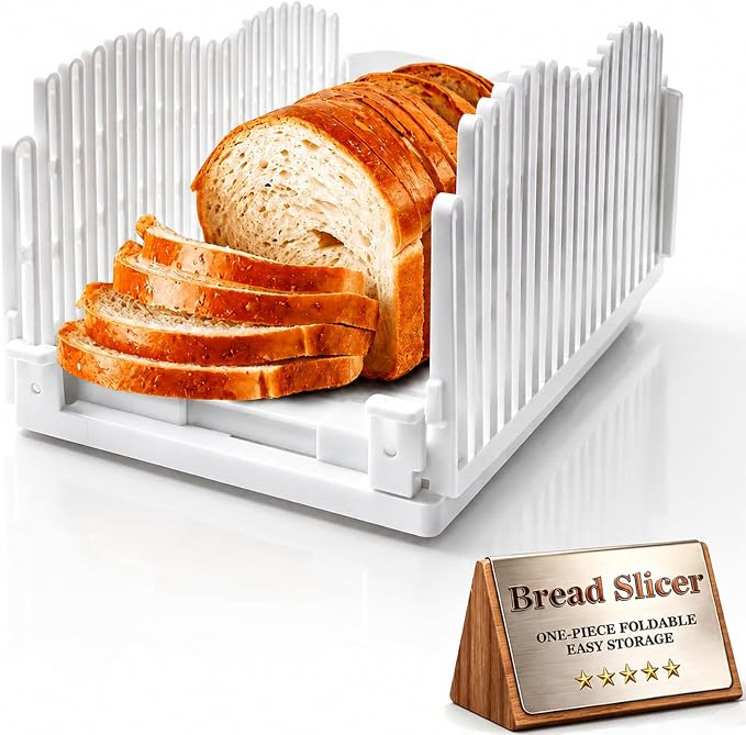 Bread Slicer for Homemade Bread - 8-10 Inch Knife Compatible, Foldable Compact Bread Cutter with Adjustable Width, Non-Slip Pads & Seamless Crumb Tray, Bread Slicing Guide for Sourdough/Bagels/Cakes