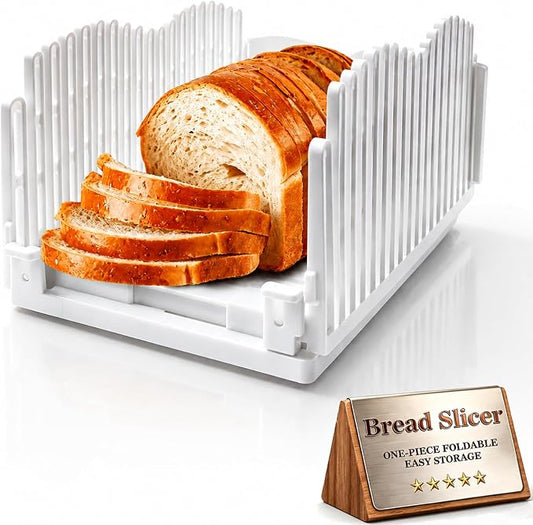 Bread Slicer for Homemade Bread - 8-10 Inch Knife Compatible, Foldable Compact Bread Cutter with Adjustable Width, Non-Slip Pads & Seamless Crumb Tray, Bread Slicing Guide for Sourdough/Bagels/Cakes