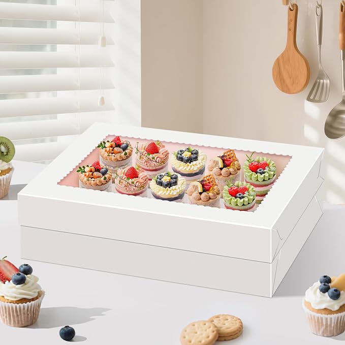 Sudaya 14x10x4 Cake Boxes with Boards, Rectangle Quarter Sheet Cake Boxes, 1/4 Sheet Bakery Box with Window, Disposable Carry Bakery Containers for Cookie, Donuts, Cupcakes, Pie, Wedding, Party
