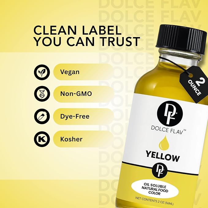 Dolce Flav Natural Yellow Food Coloring – 2 oz Bright Plant-Based Color from Curcumin | Water-Soluble Liquid Color for Baking, Drinks & Frostings | Graduated Dropper Included | | Kosher | No Artificial Dyes | Made in USA