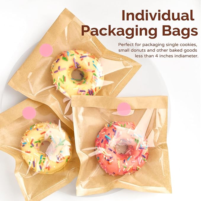 Ocmoiy Cookie Packaging Bags with Seal, 5.7 x 6.5 Inch, 100 Pack | Heat-Sealable & Grease-Resistant, Paper Bakery Bags with Window, Bake Sale Sleeves, For Treat, Donut, Brownie, Cake Slice
