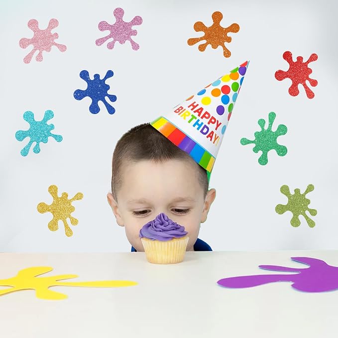 Vuzvuv 54Pcs Glitter Art Paint Splatter Paper Cutouts Bulletin Board Decorations for Birthday Party Theme Decor Supplies
