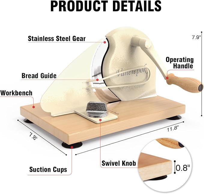 vanerepok Manual Bread Slicer Adjustable Thickness for Homemade Sourdough | Hand Crank Bread Cutter with Scale & Stable Suction Cups & Wood Base for Even Slicing Perfect Baking Gift for Home Bakers