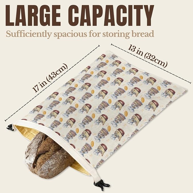 Beeswax Bread Bags for Sourdough & Homemade Bread, 2 Pack Reusable Cotton, 17"x13", Gnome