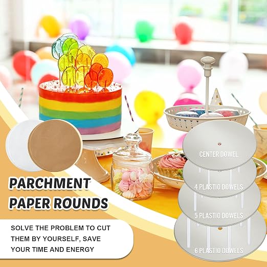 Boao 112 Pieces Cake Board Kit Sturdy Round 4, 6, 8, 10 Inch with Parchment Paper Round and Plastic Tiered Cake Dowel Rod Separator Plate for Party Wedding Birthday