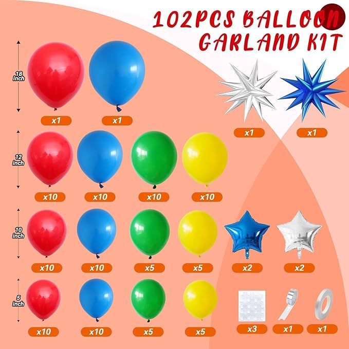 Red Yellow Blue Green Balloon Arch Garland Kit, Navy Blue Dark Green Colorful Balloons, Blue Silver Star Foil Balloons for Boy Girl Theme Birthday Party Decorations Baby Shower Backdrop