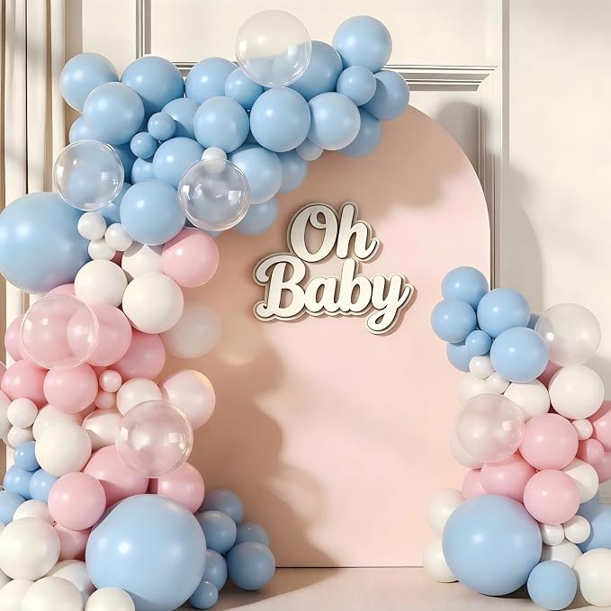 Pink and Blue Balloons Garland Arch Kit, 143pcs Pastel Pink Blue White Clear Balloons for Boy or Girl Gender Reveal Baby Shower Birthday Party Decorations