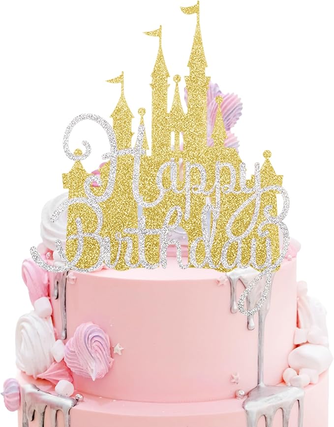2Pcs Gold Princess Cake Toppers Silver Happy Birthday Cake Toppers Glitter Party Picks for Girls Princess Birthday Party New Year Supplies
