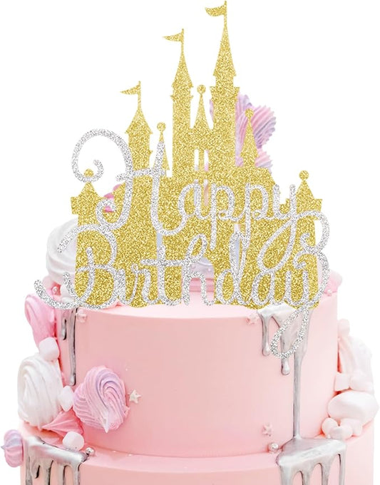 2Pcs Gold Princess Cake Toppers Silver Happy Birthday Cake Toppers Glitter Party Picks for Girls Princess Birthday Party New Year Supplies