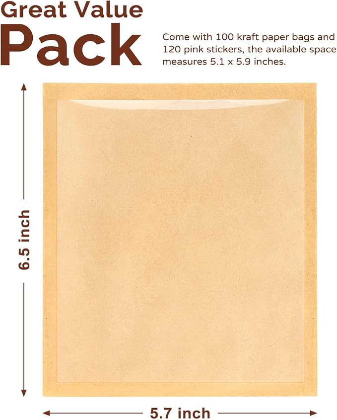 Ocmoiy Cookie Packaging Bags with Seal, 5.7 x 6.5 Inch, 100 Pack | Heat-Sealable & Grease-Resistant, Paper Bakery Bags with Window, Bake Sale Sleeves, For Treat, Donut, Brownie, Cake Slice